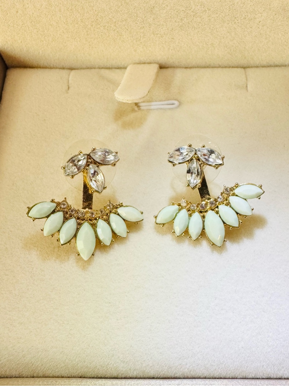 Mint Green Opal Crystal Floral Chandelier Earrings Gold Tone